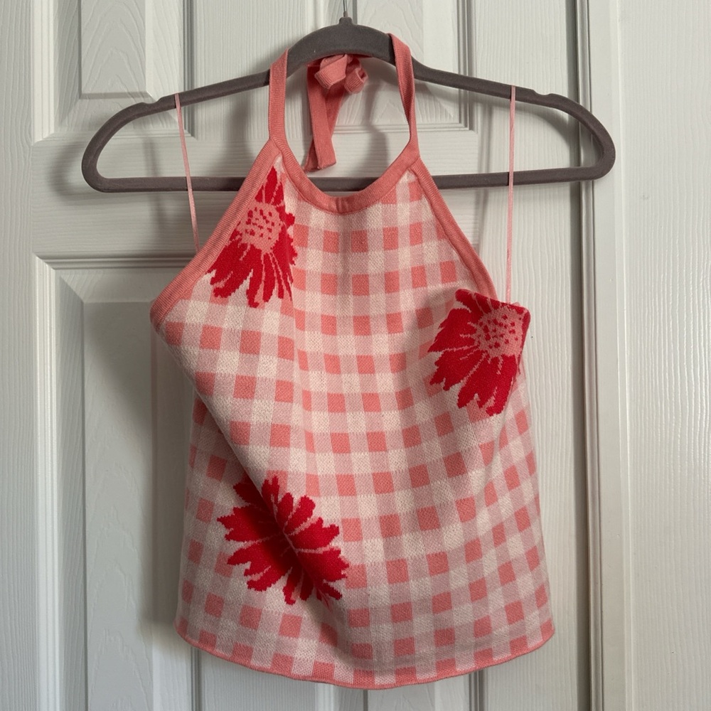 Pink Gingham Halter Tank with Red Floral Detail